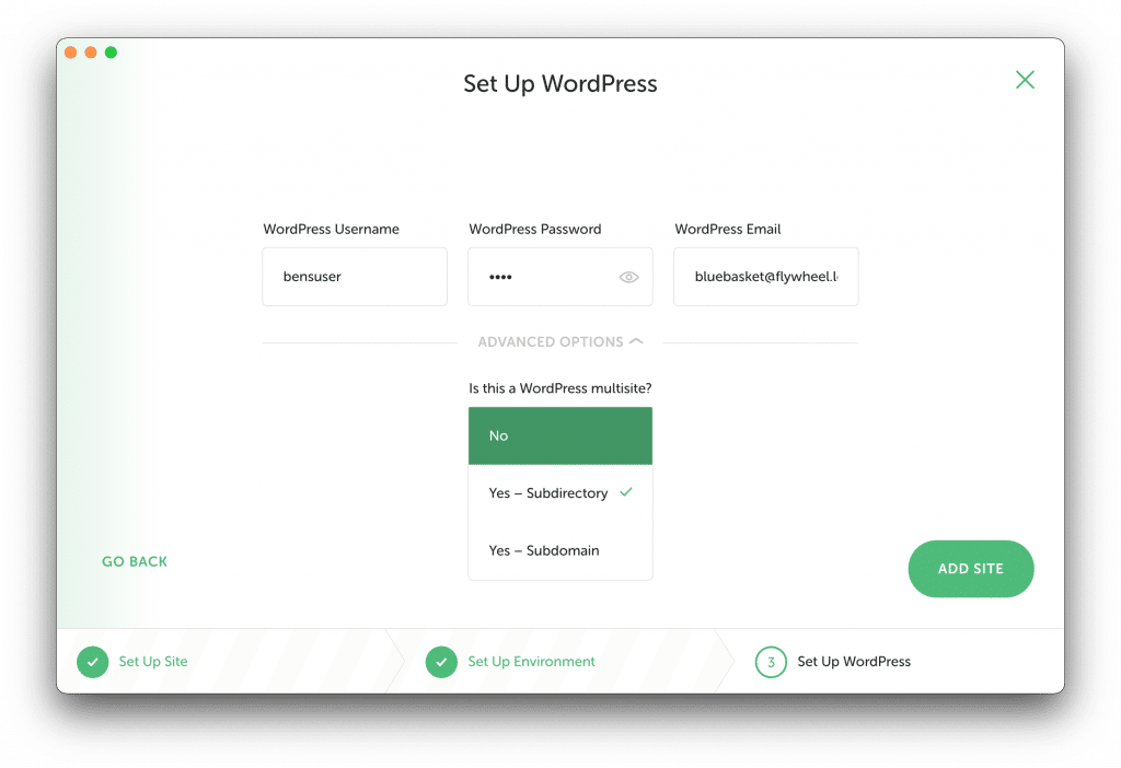 A screenshot with options for creating a multisite in Local.