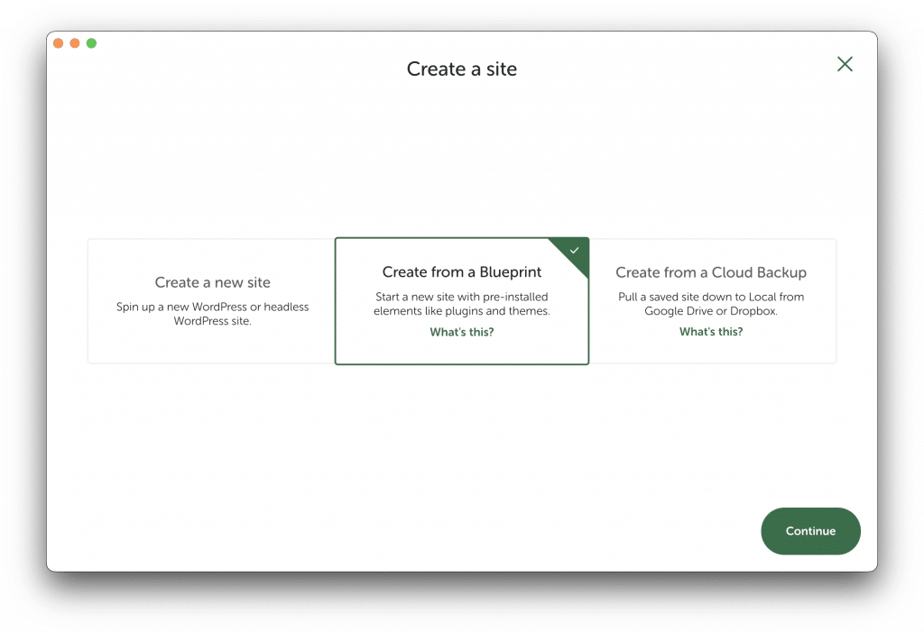 Create a site from Blueprint by choosing the middle option.