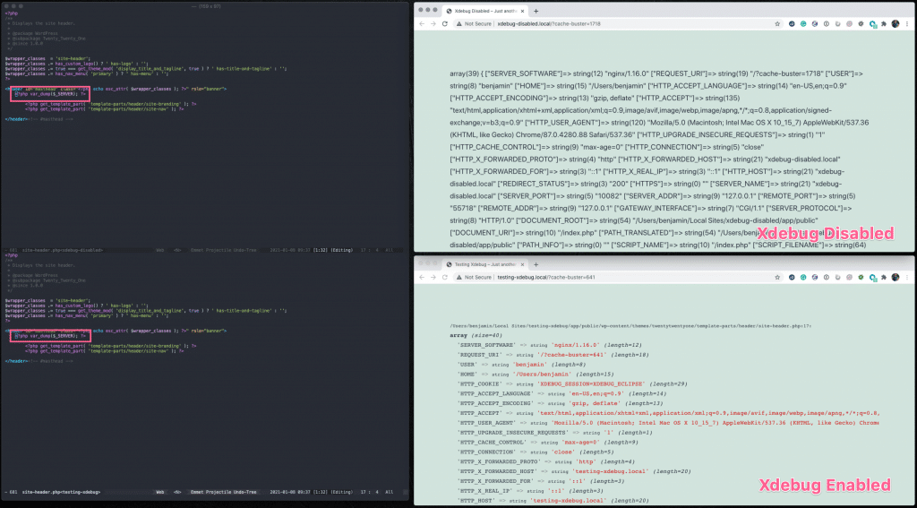 A screenshot showing the difference in var_dump output between having Xdebug enabled and having Xdebug disabled.